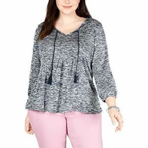 Women's Plus Size Blue Marled Sweater Blouse with Tie Neck 3X